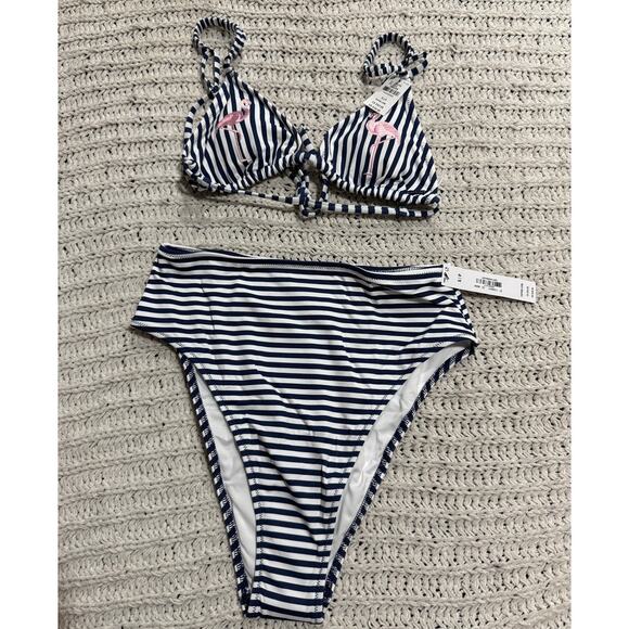 NWT VS PINK Bikini Scrunchie Triangle Top & Hi Waist Bottom Sz S Flamingo Stripe - Picture 1 of 16